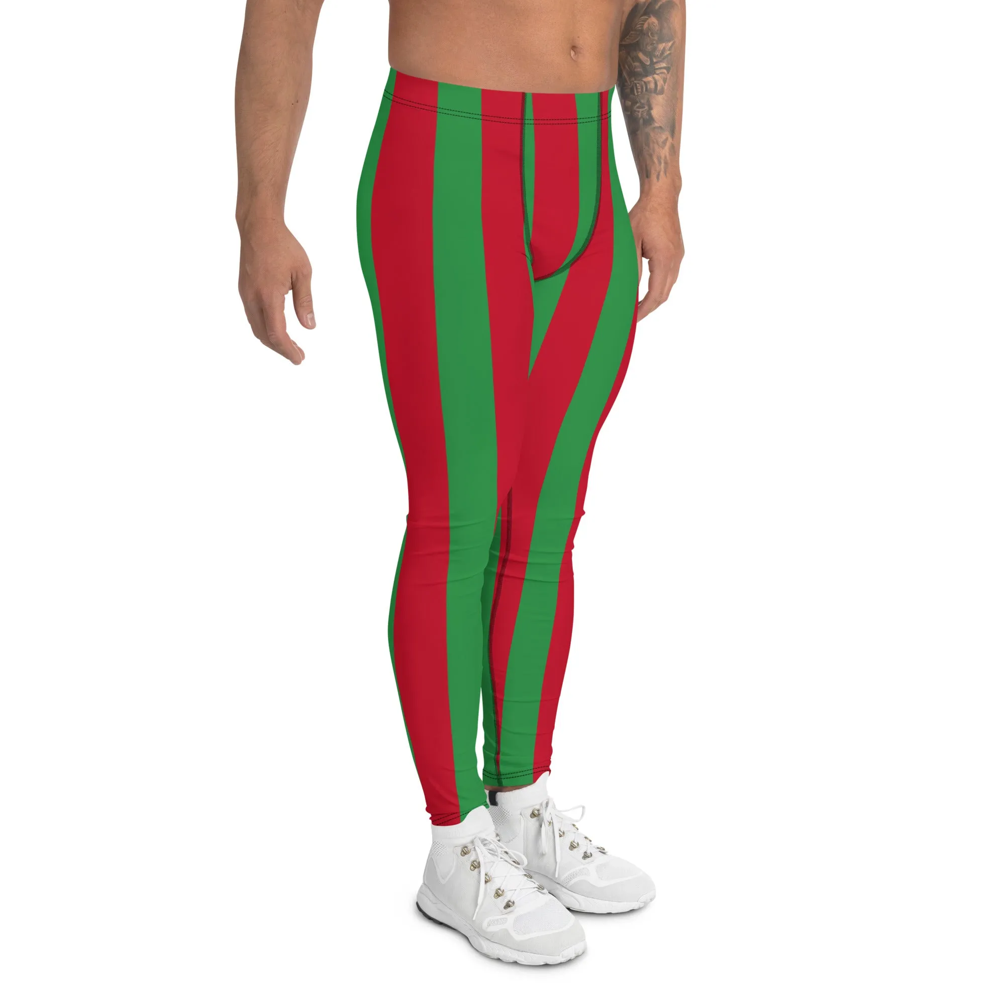 Red Green Stripes Men's Leggings, Vertically Striped Classic Designer Meggings - Made in USA/EU/MX