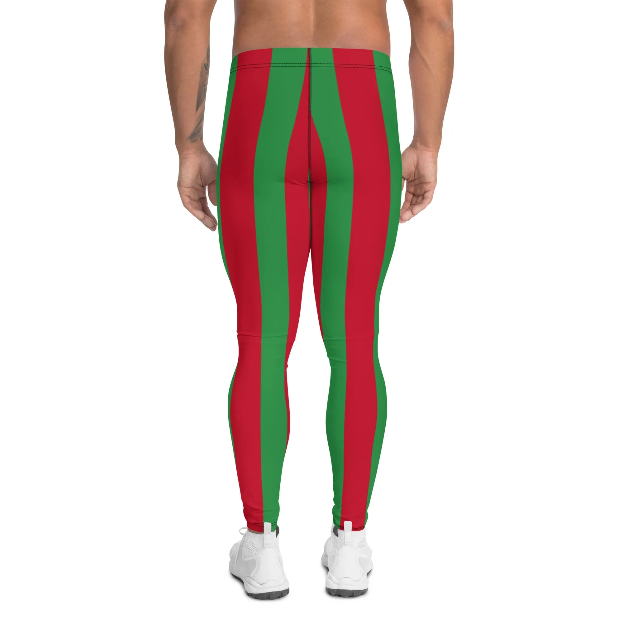 Red Green Stripes Men's Leggings, Vertically Striped Classic Designer Meggings - Made in USA/EU/MX