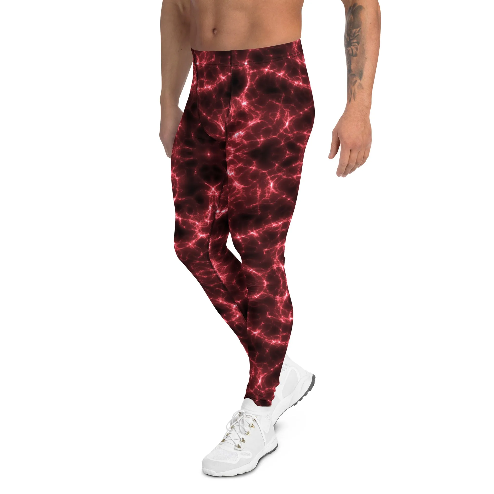 Red Lightning Men's Leggings, Mens Lightning Storm Pants, Thunder Lightning Leggings For Men-Made in USA/EU/MX