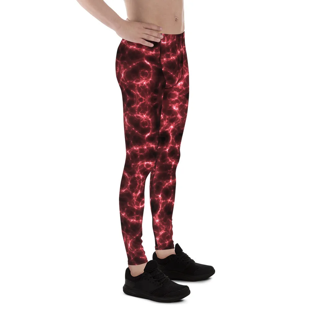 Red Lightning Men's Leggings, Mens Lightning Storm Pants, Thunder Lightning Leggings For Men-Made in USA/EU/MX