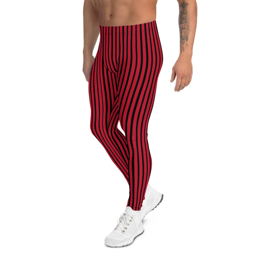 Red Striped Men's Leggings, Modern Vertically Stripes Meggings Running Tights-Made in USA/EU