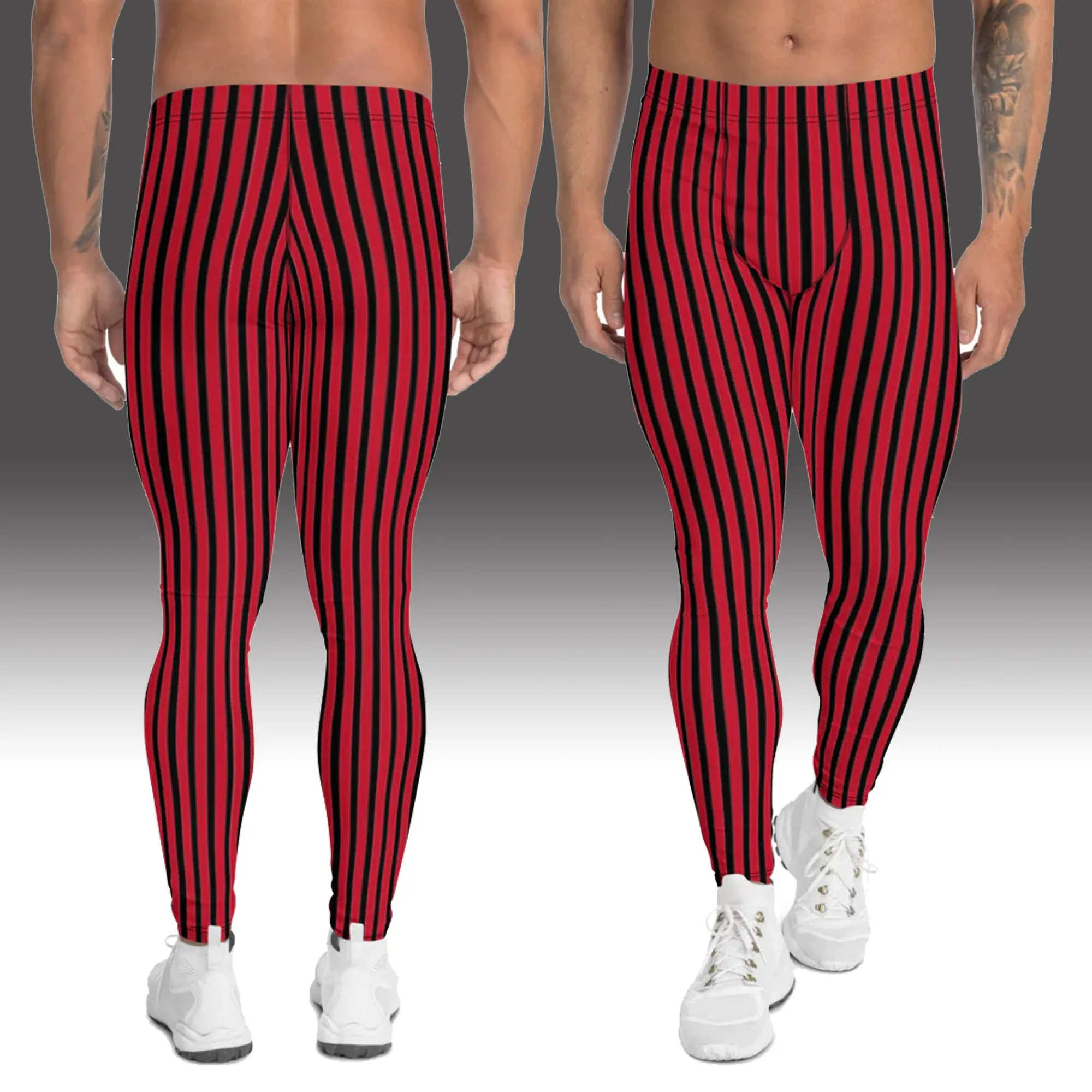 Red Striped Men's Leggings, Modern Vertically Stripes Meggings Running Tights-Made in USA/EU