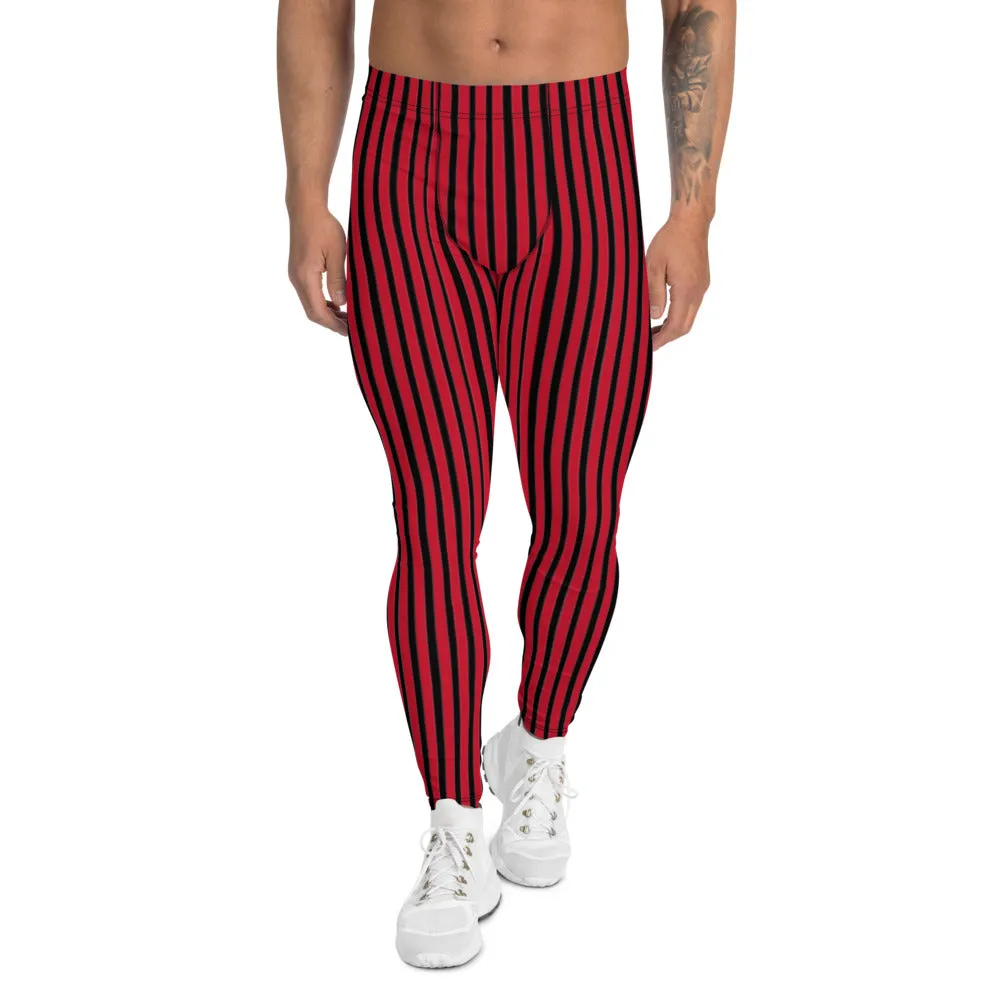 Red Striped Men's Leggings, Modern Vertically Stripes Meggings Running Tights-Made in USA/EU