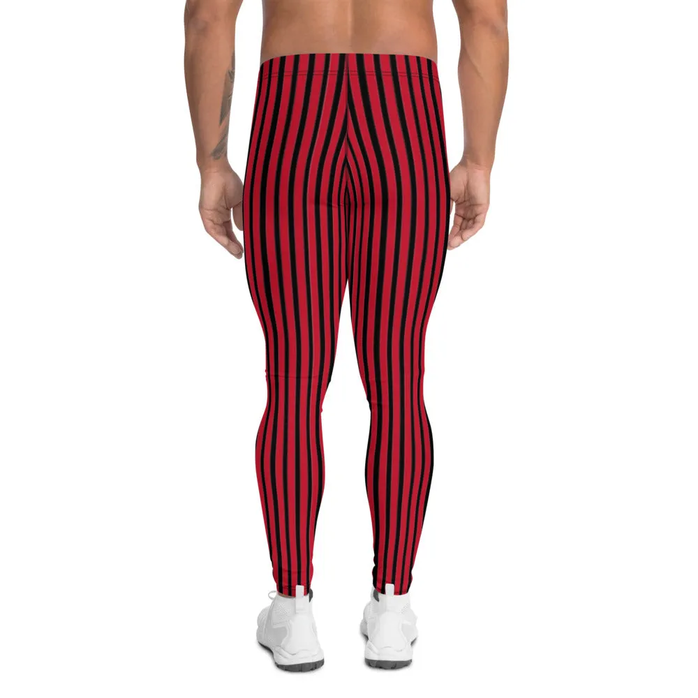 Red Striped Men's Leggings, Modern Vertically Stripes Meggings Running Tights-Made in USA/EU