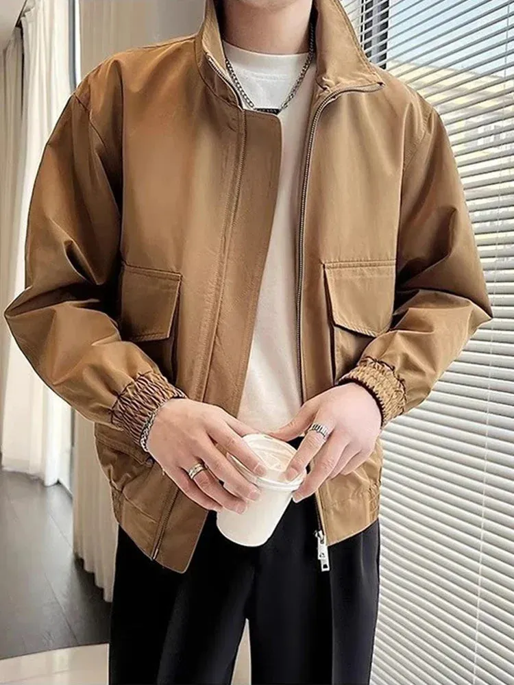 Riolio Autumn Solid Color Cargo Jackets For Men New Korean Fashion Zipper Cardigan Coats Stand Collar Streetwear Bomber Jacket Hombre