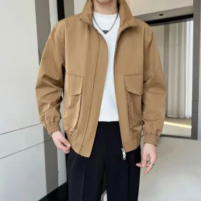 Riolio Autumn Solid Color Cargo Jackets For Men New Korean Fashion Zipper Cardigan Coats Stand Collar Streetwear Bomber Jacket Hombre