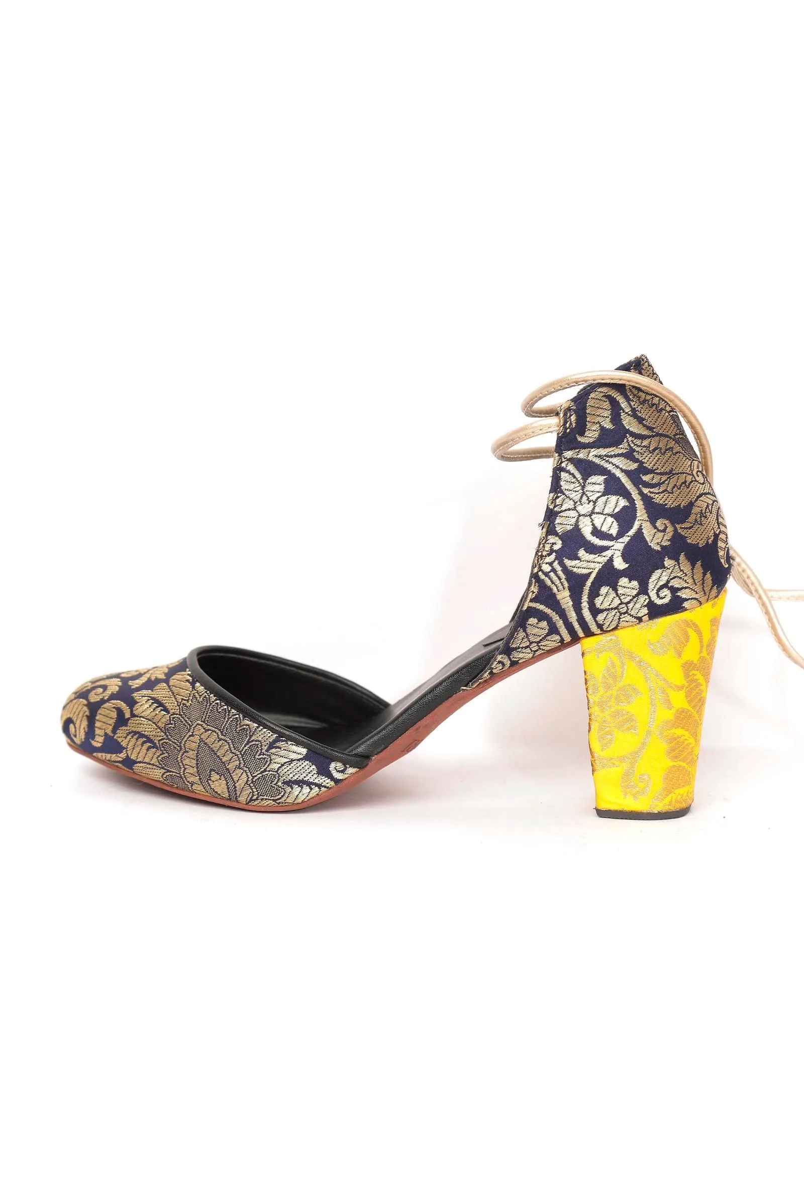 Royal Blue with Yellow Brocade Lace Up Block Heels