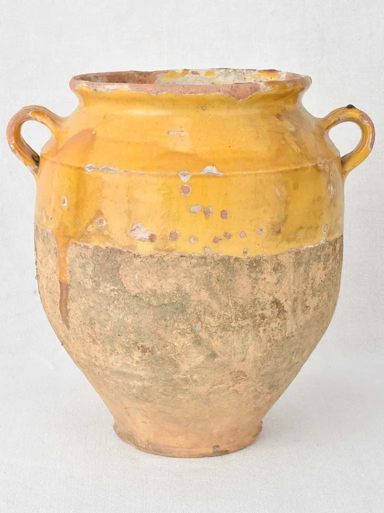 Rustic large French confit pot with yellow ocher glaze 13"