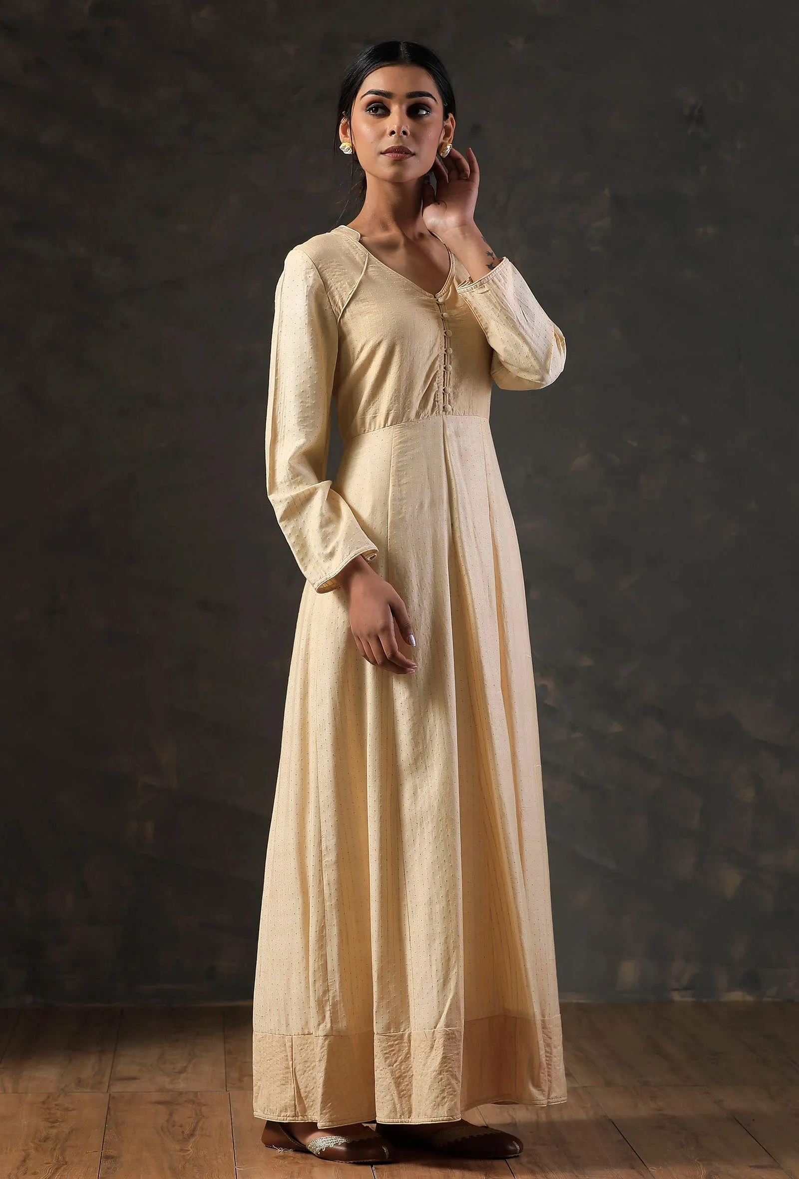 Sand Beige Cotton Silk Maxi Dress