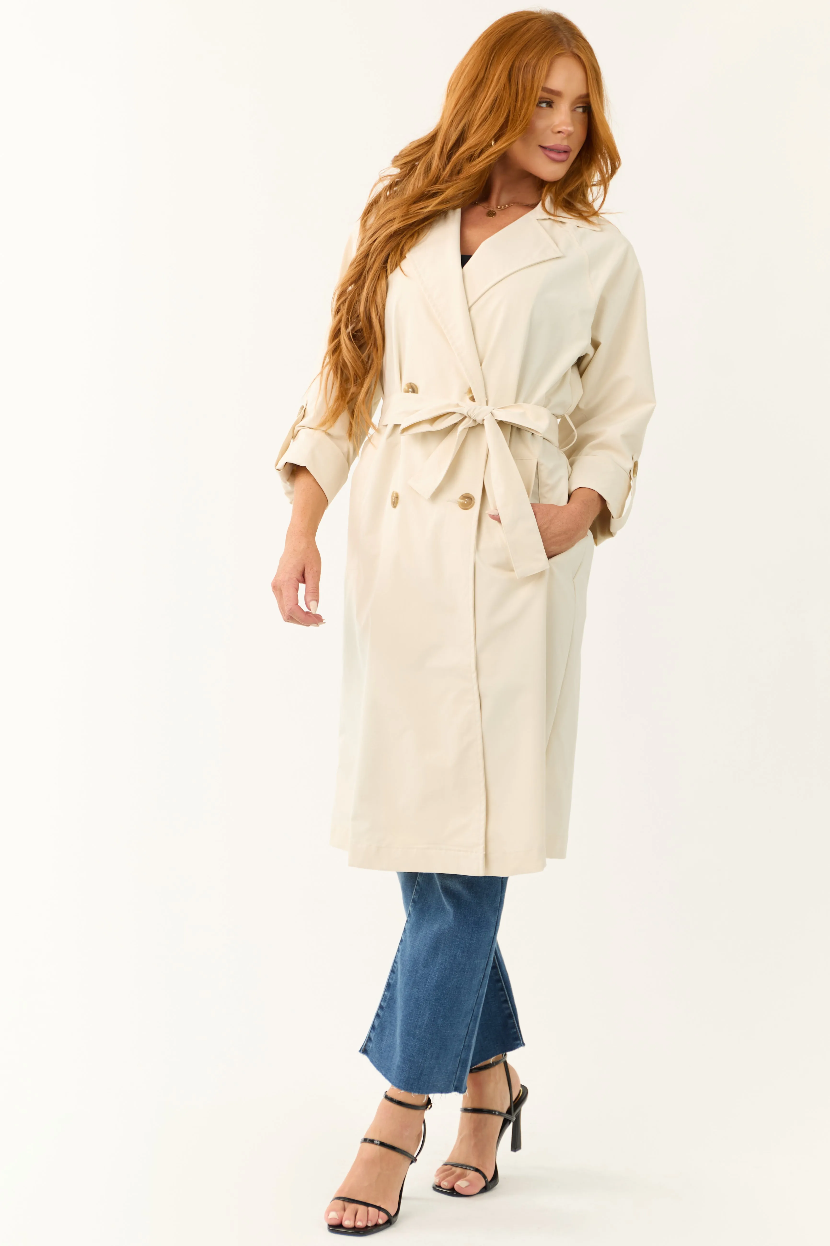 Sand Long Sleeve Belted Collared Trench Coat