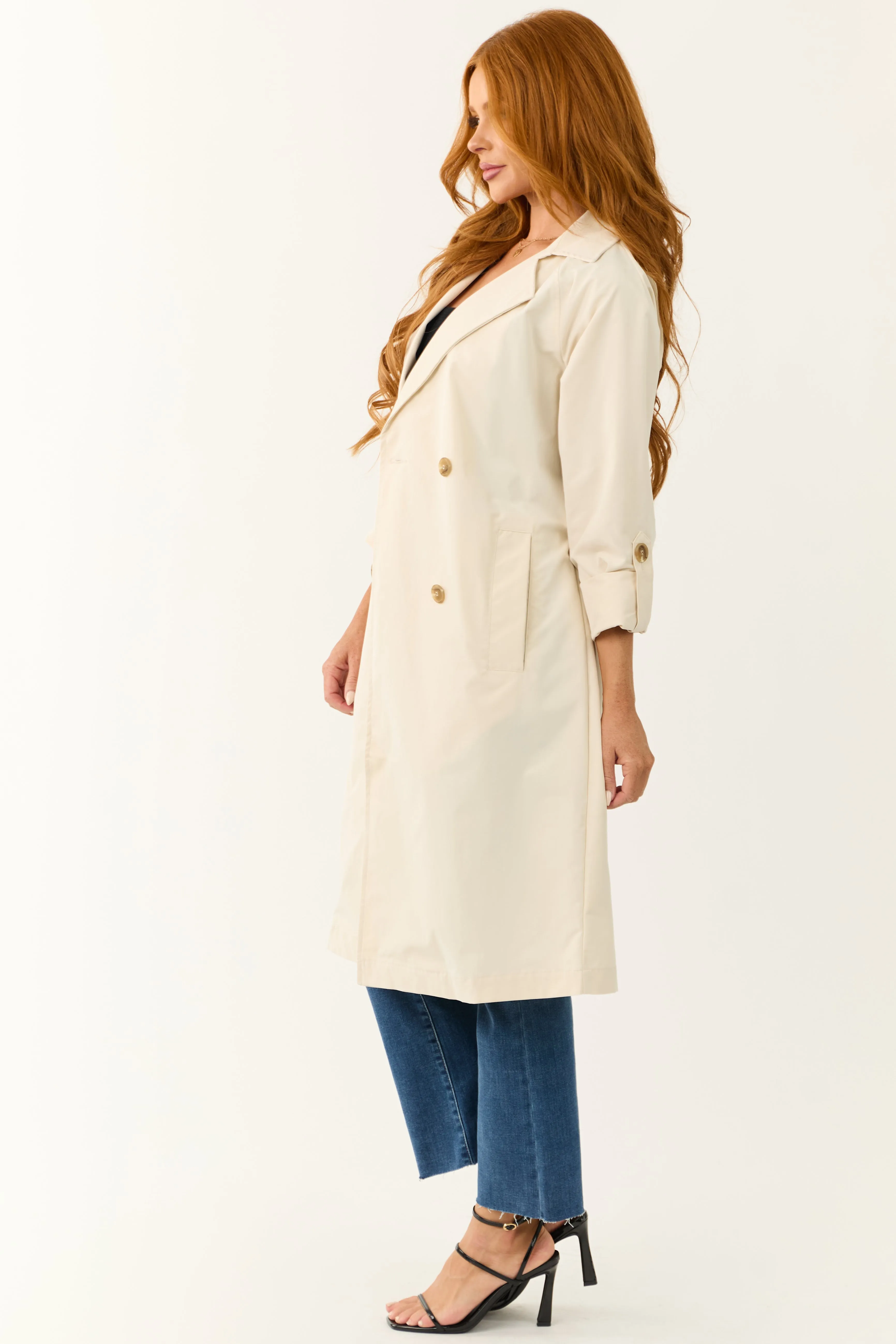 Sand Long Sleeve Belted Collared Trench Coat