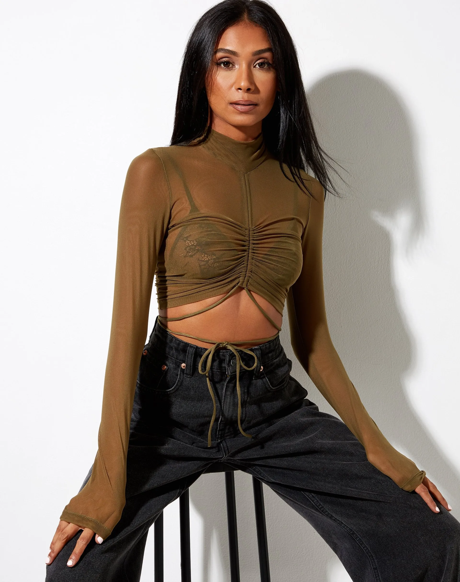 Sauja Crop Top in Mesh Khaki Green