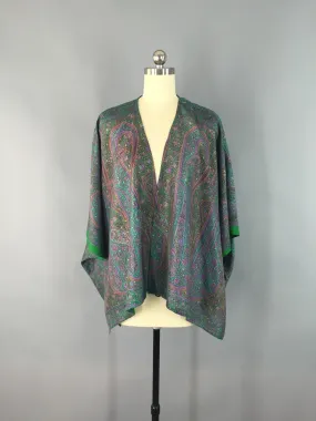 Short Kimono Cardigan / Green Floral / Vintage Indian Sari