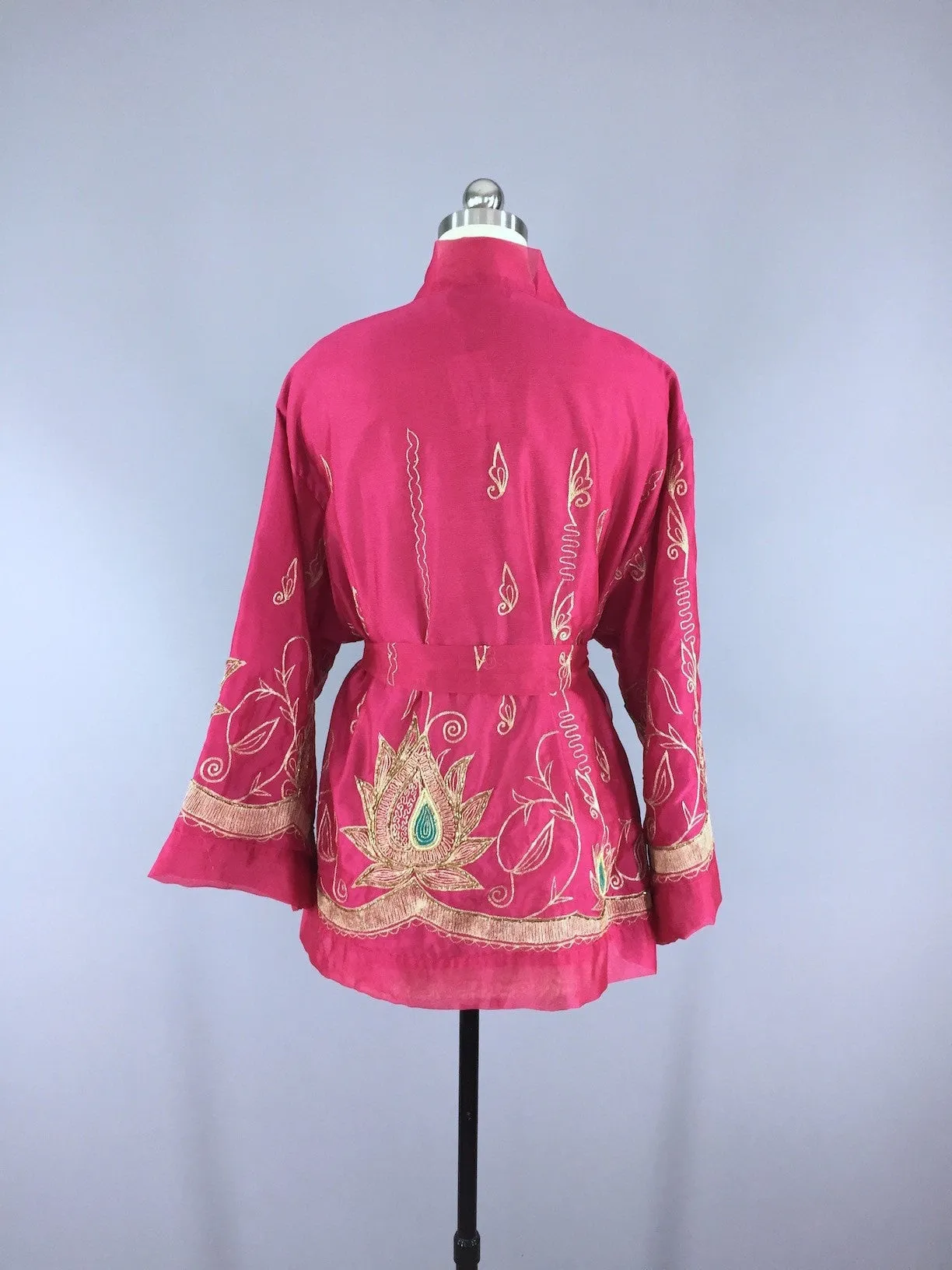 Silk Chiffon Kimono Cardigan / Vintage Indian Sari / Embroidered Pink