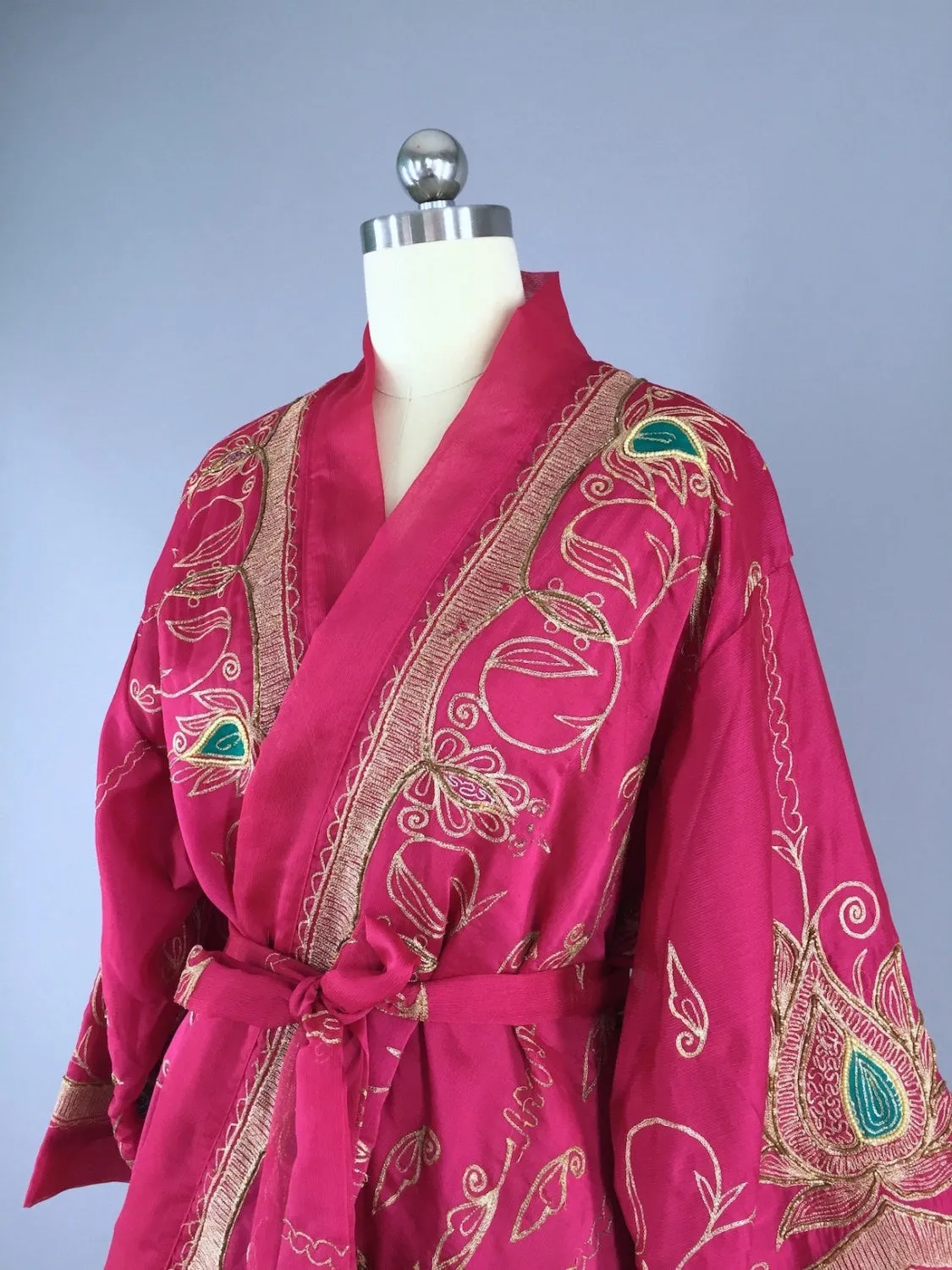 Silk Chiffon Kimono Cardigan / Vintage Indian Sari / Embroidered Pink