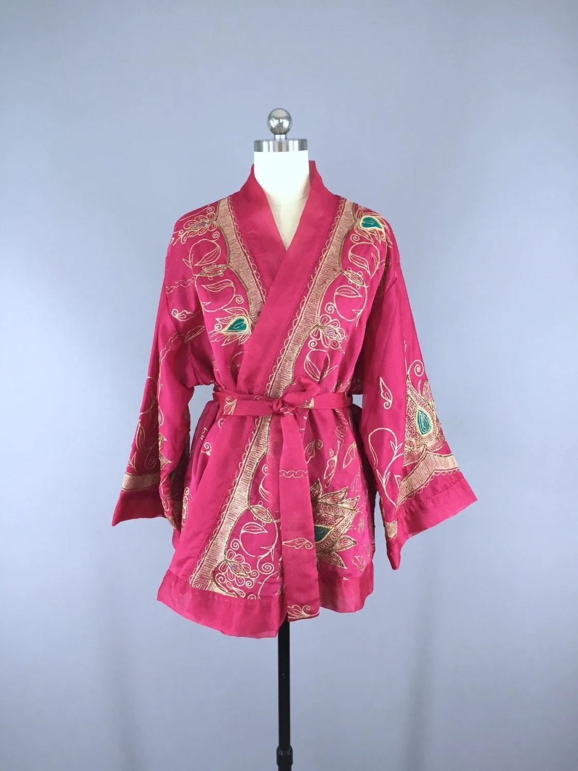 Silk Chiffon Kimono Cardigan / Vintage Indian Sari / Embroidered Pink