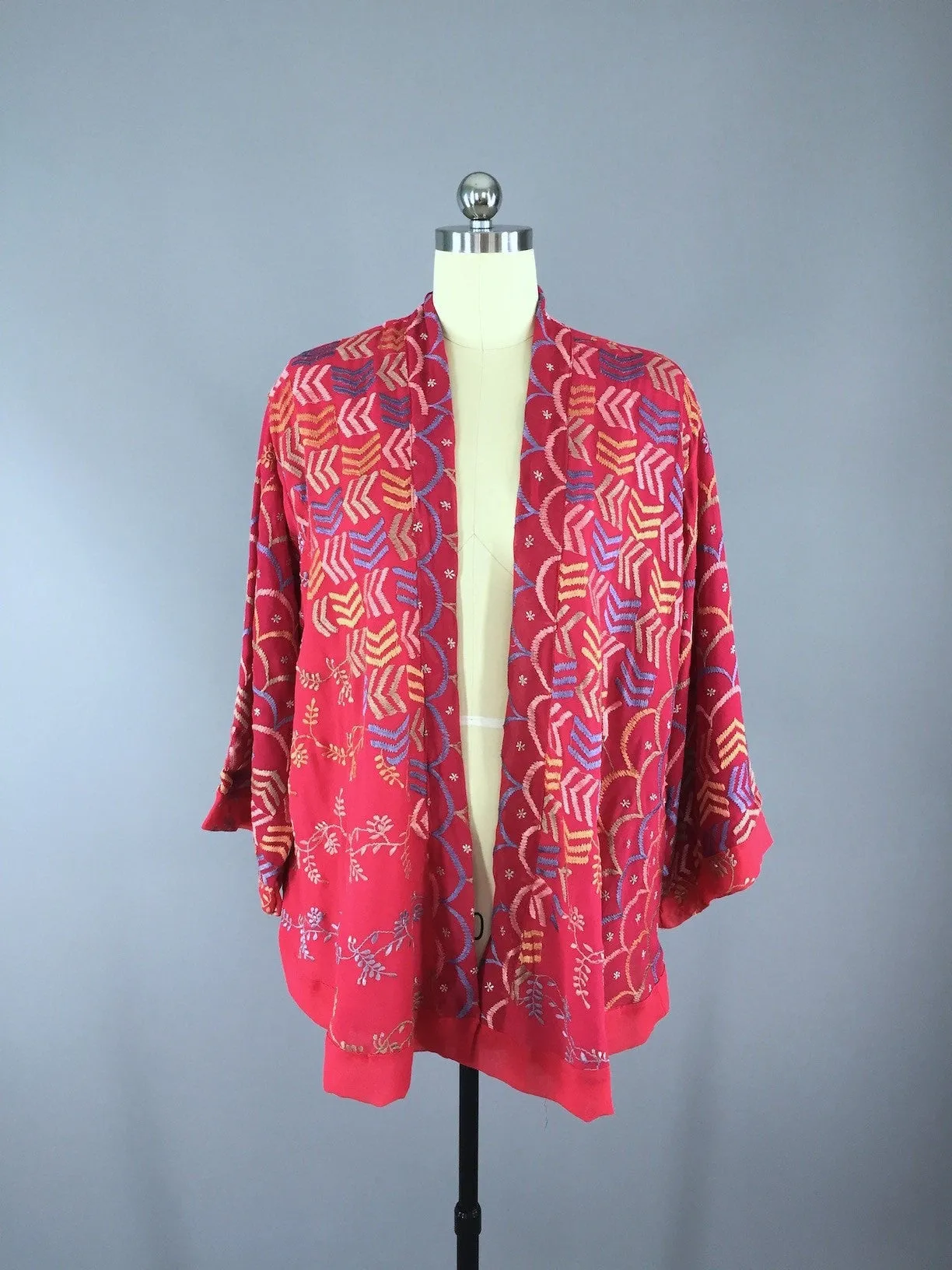 Silk Chiffon Kimono Cardigan / Vintage Indian Sari / Red Chevrons