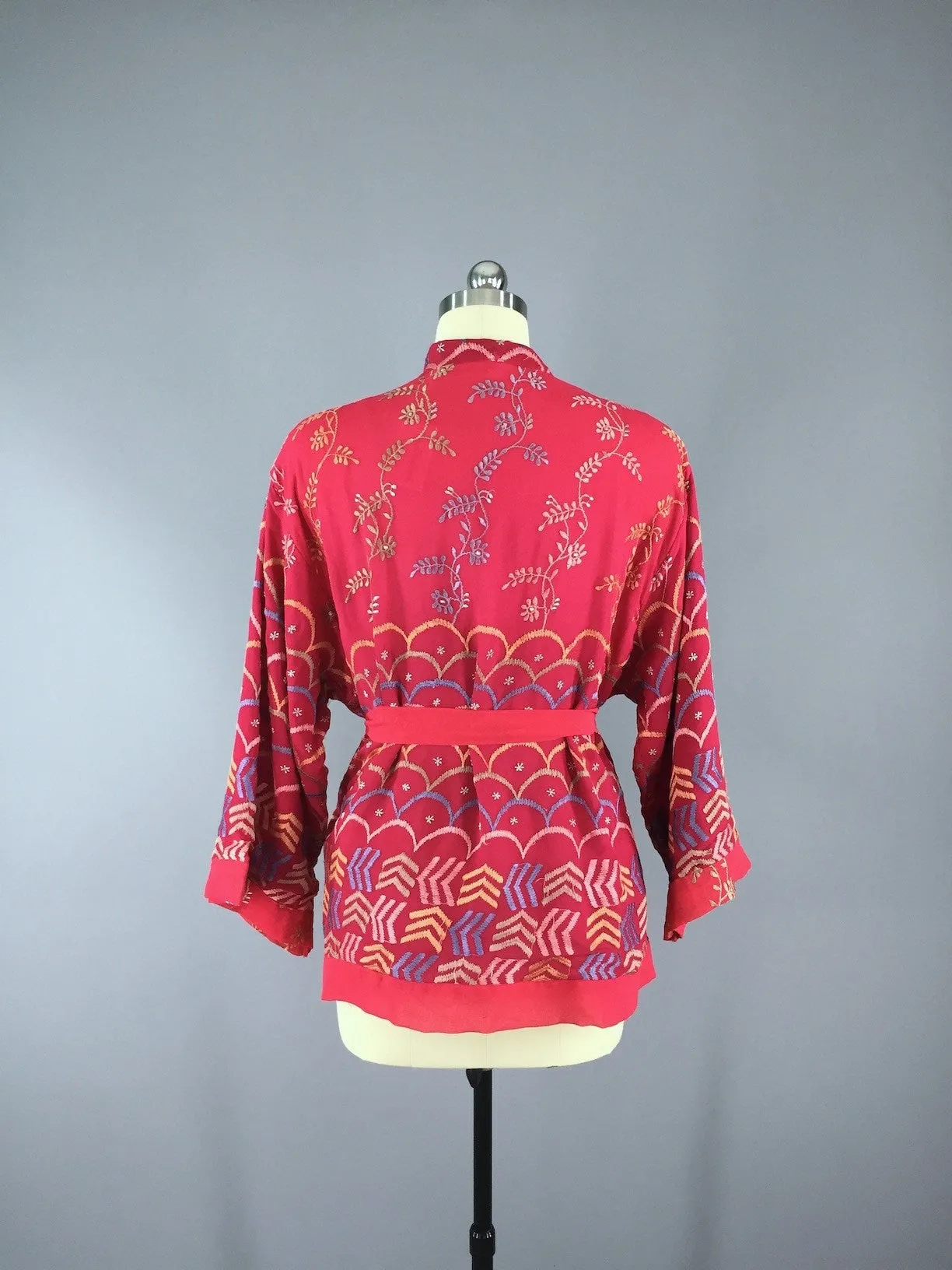 Silk Chiffon Kimono Cardigan / Vintage Indian Sari / Red Chevrons