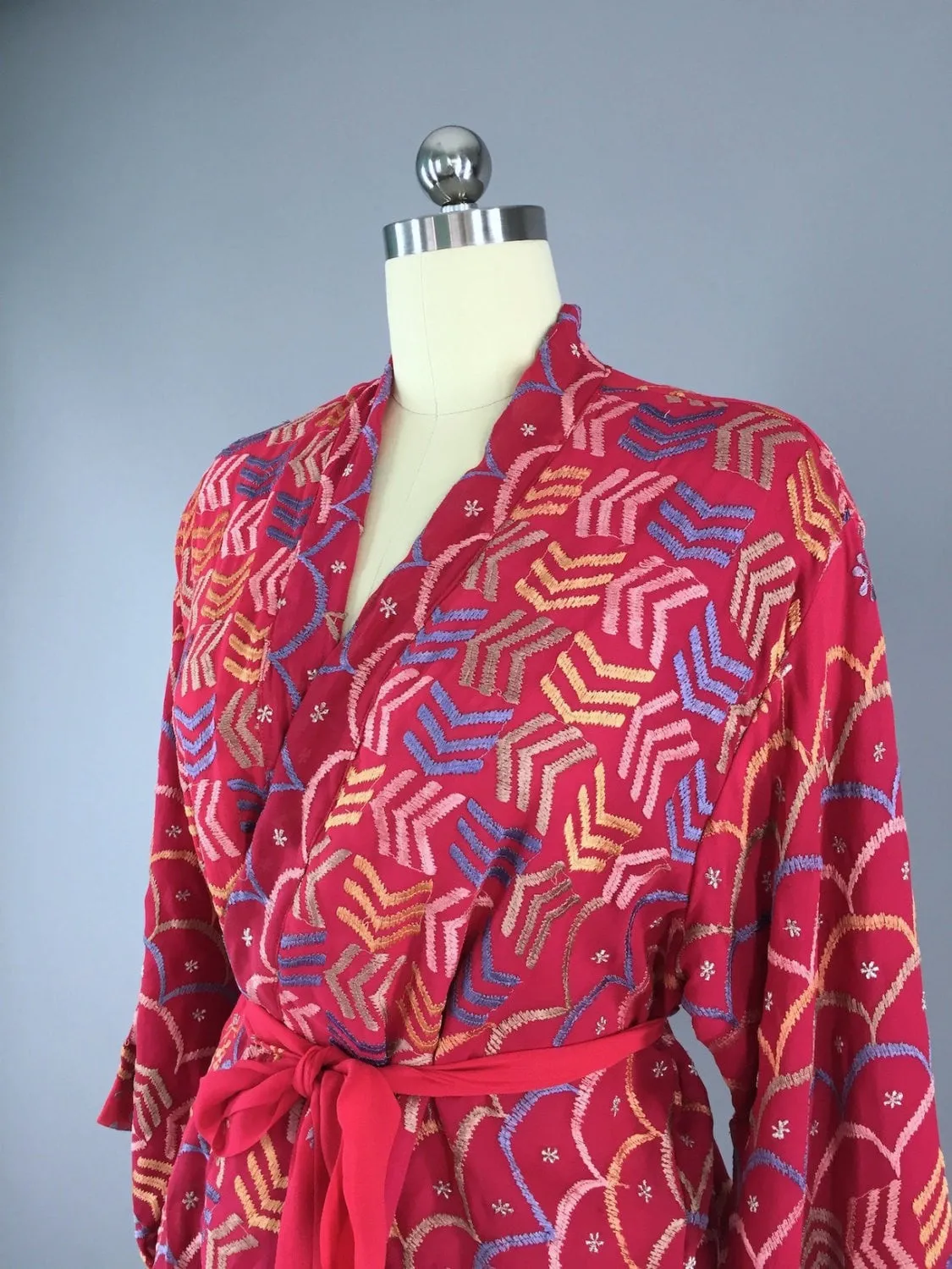 Silk Chiffon Kimono Cardigan / Vintage Indian Sari / Red Chevrons