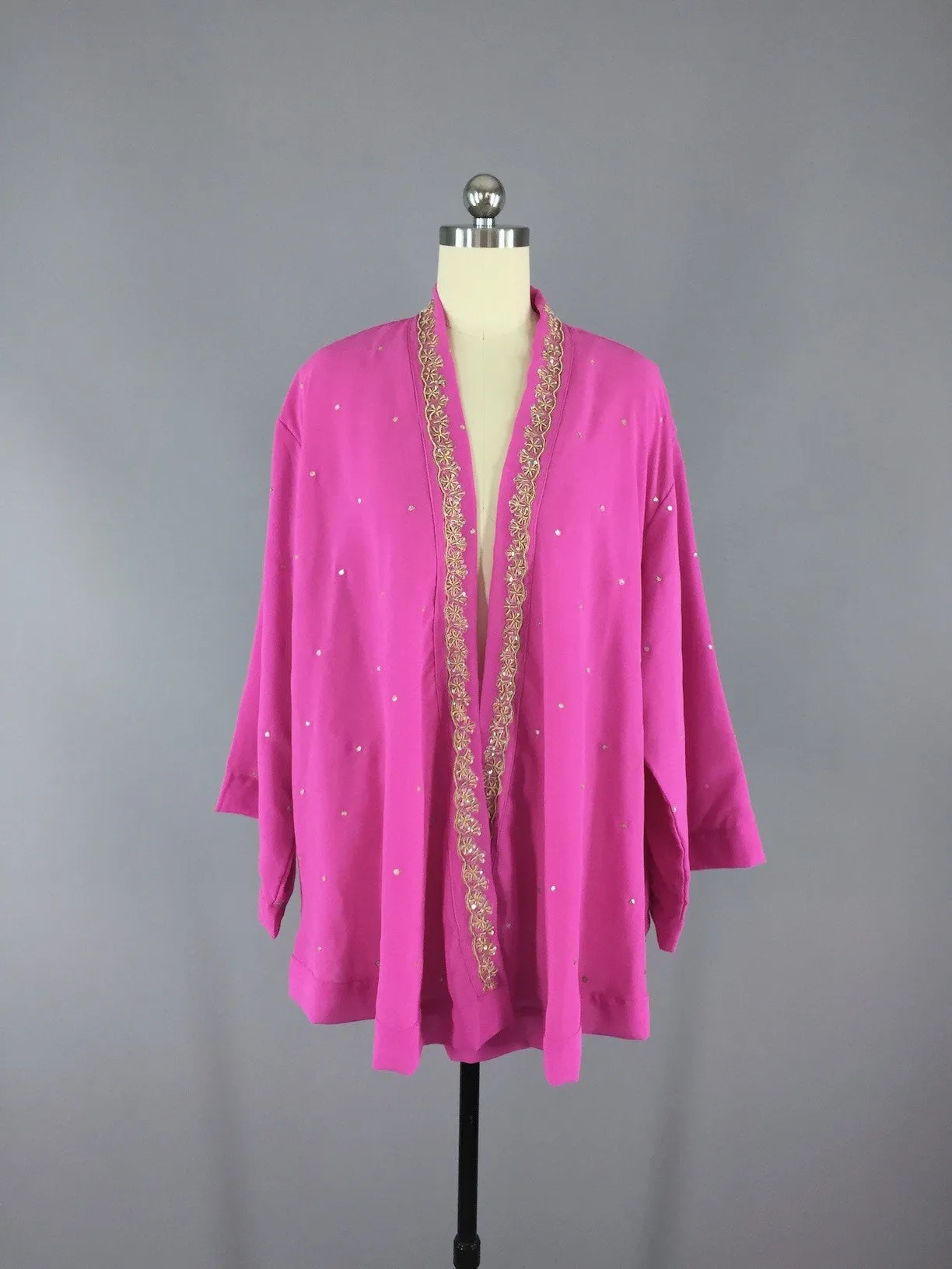 Silk Kimono Cardigan Jacket / Vintage Indian Sari / Pink Georgette