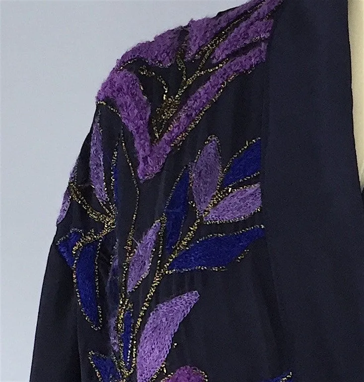 Silk Kimono Cardigan / Vintage Indian Sari / Navy Blue & Purple Embroidery