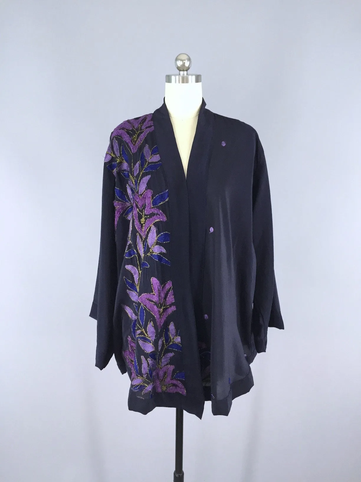 Silk Kimono Cardigan / Vintage Indian Sari / Navy Blue & Purple Embroidery