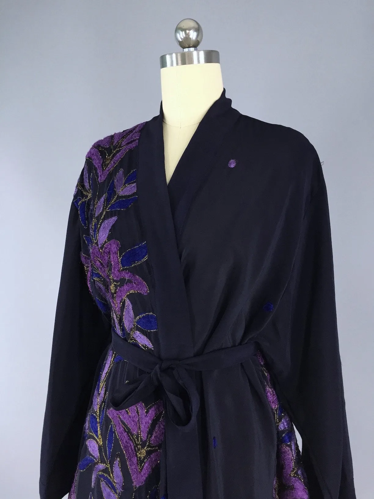 Silk Kimono Cardigan / Vintage Indian Sari / Navy Blue & Purple Embroidery