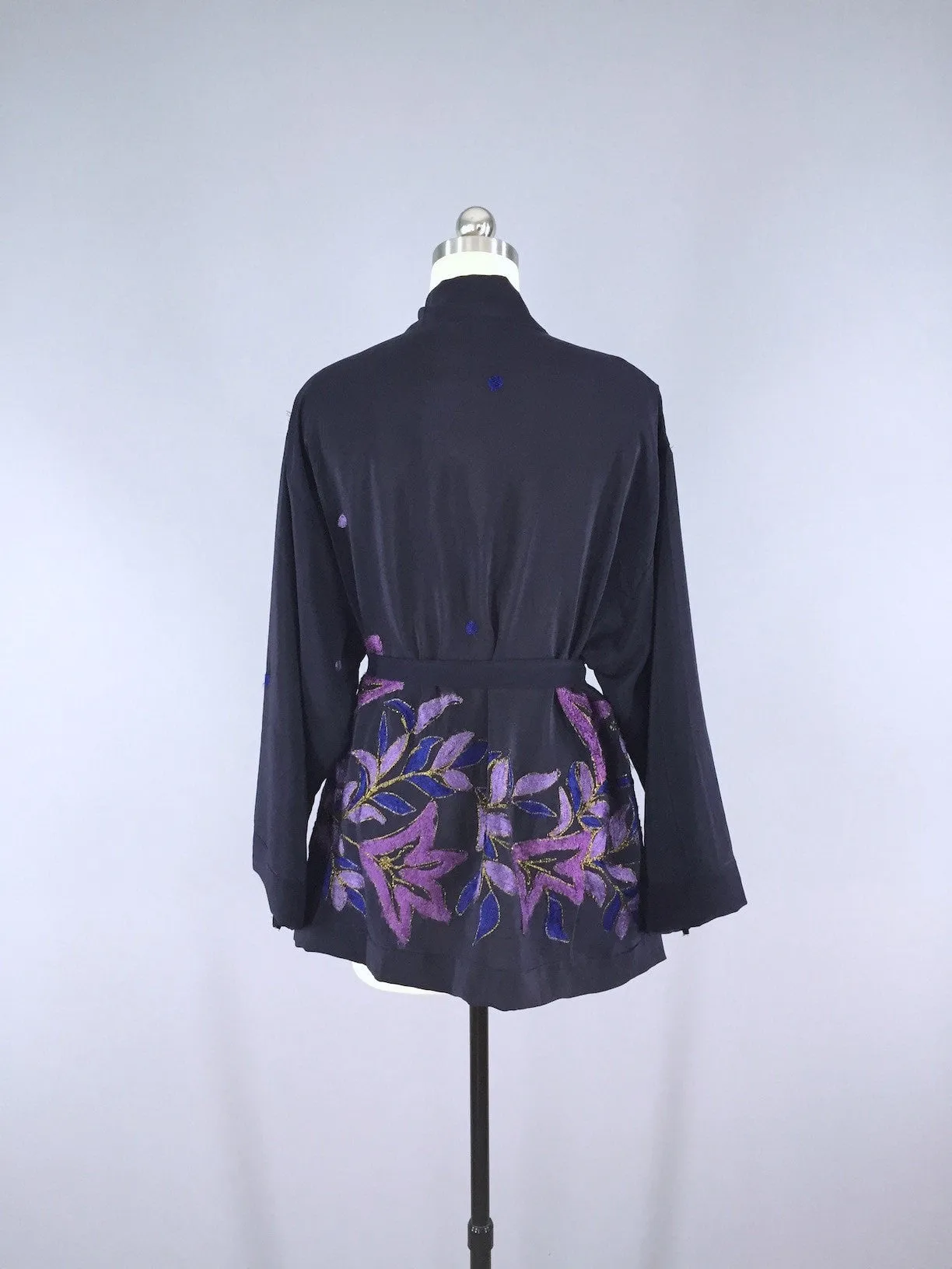 Silk Kimono Cardigan / Vintage Indian Sari / Navy Blue & Purple Embroidery