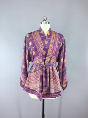 Silk Kimono Cardigan / Vintage Indian Sari / Purple Orange Floral Print