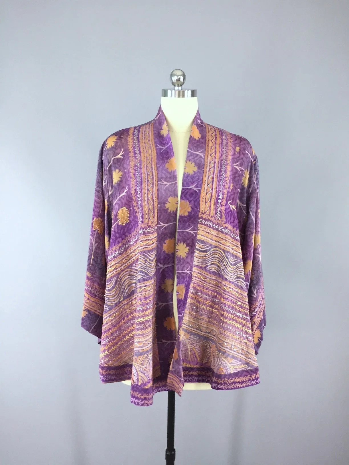 Silk Kimono Cardigan / Vintage Indian Sari / Purple Orange Floral Print