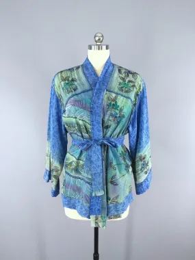 Silk Kimono Cardigan / Vintage Indian Sari / Sequined Blue Floral