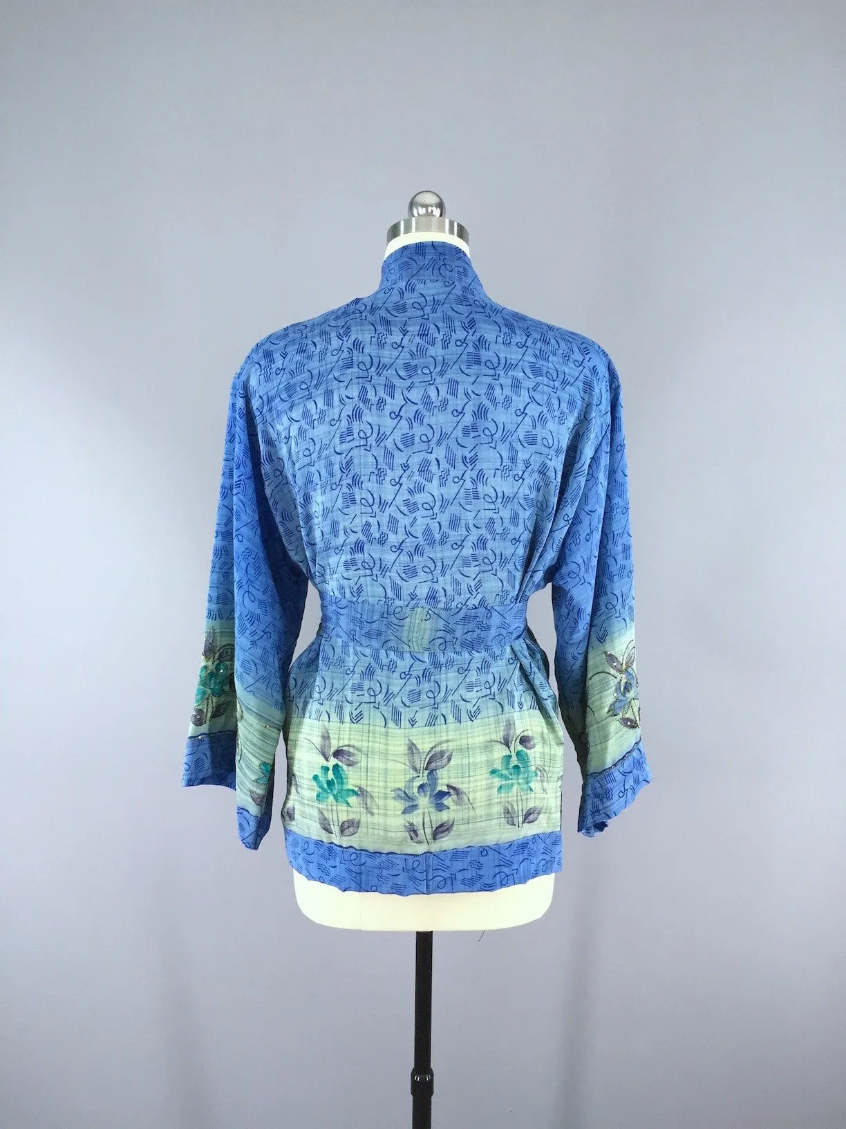 Silk Kimono Cardigan / Vintage Indian Sari / Sequined Blue Floral