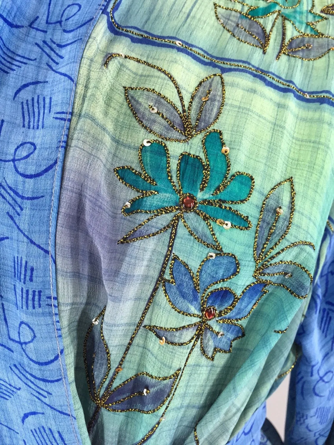 Silk Kimono Cardigan / Vintage Indian Sari / Sequined Blue Floral