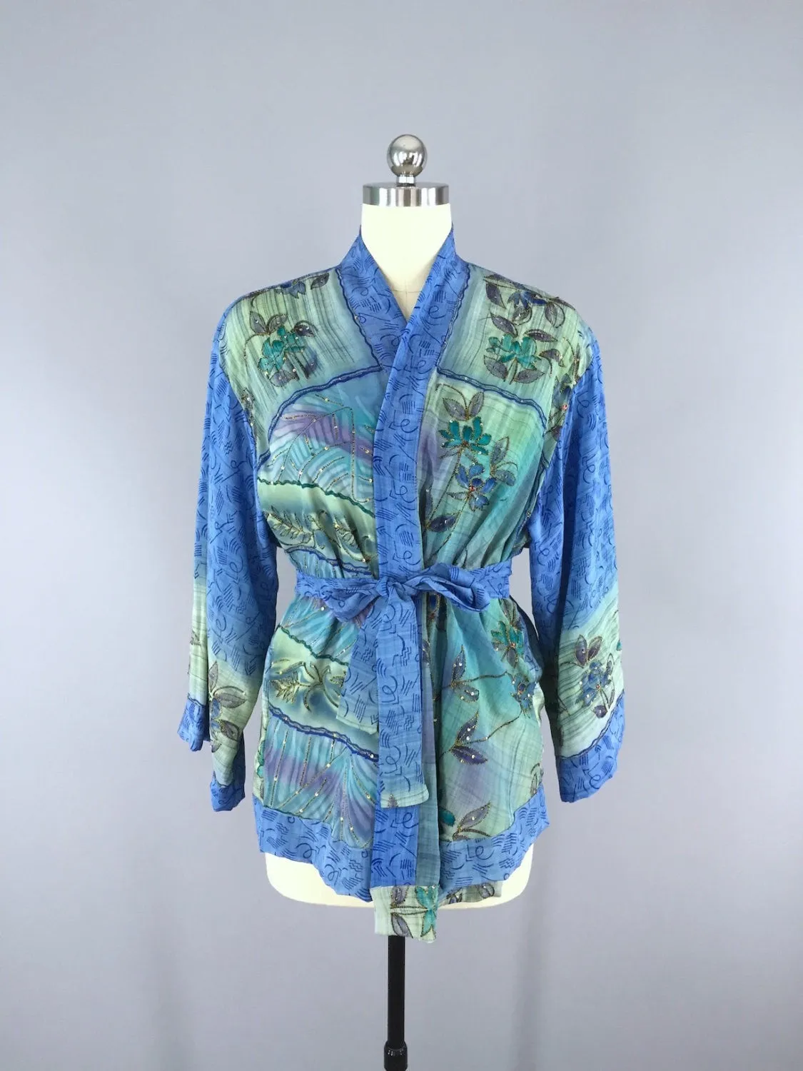 Silk Kimono Cardigan / Vintage Indian Sari / Sequined Blue Floral