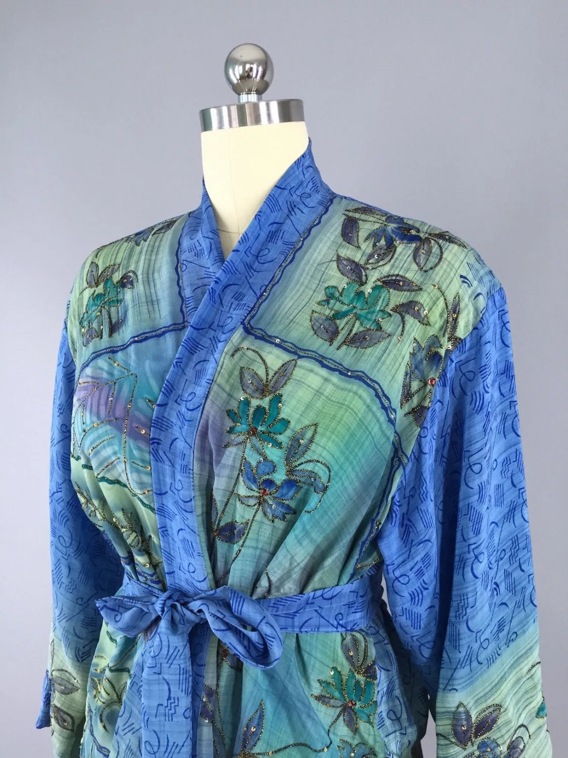 Silk Kimono Cardigan / Vintage Indian Sari / Sequined Blue Floral