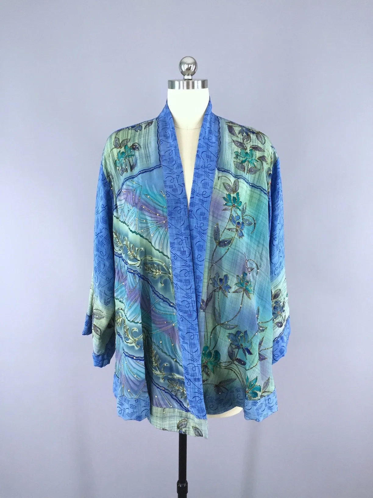 Silk Kimono Cardigan / Vintage Indian Sari / Sequined Blue Floral