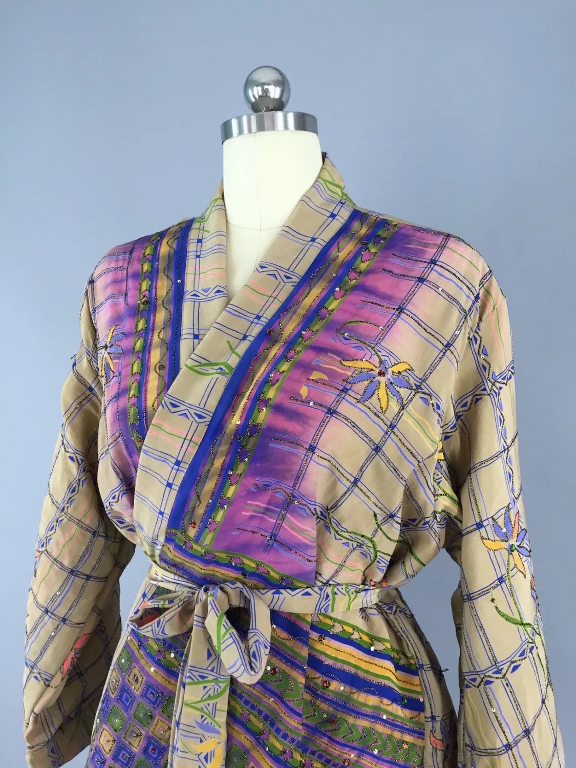 Silk Kimono Cardigan / Vintage Indian Sari / Tan & Purple Floral