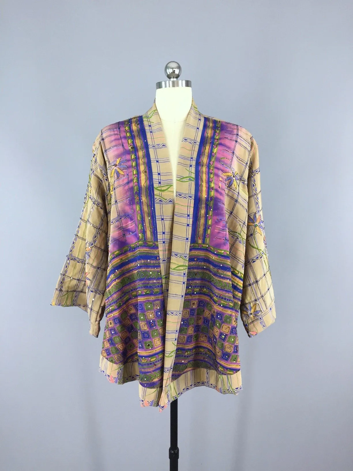 Silk Kimono Cardigan / Vintage Indian Sari / Tan & Purple Floral