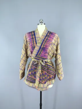 Silk Kimono Cardigan / Vintage Indian Sari / Tan & Purple Floral