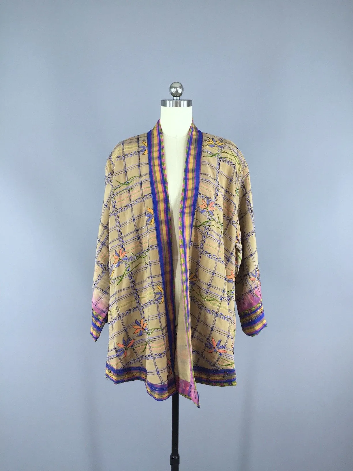 Silk Kimono Cardigan / Vintage Indian Sari / Tan Purple Embroidered