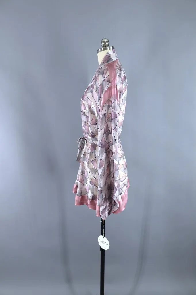 Silk Sari Kimono Cardigan / Pastel Pink & Grey