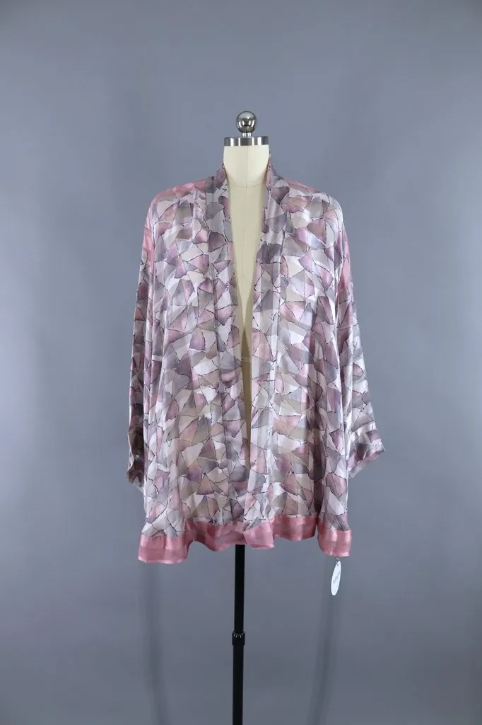 Silk Sari Kimono Cardigan / Pastel Pink & Grey