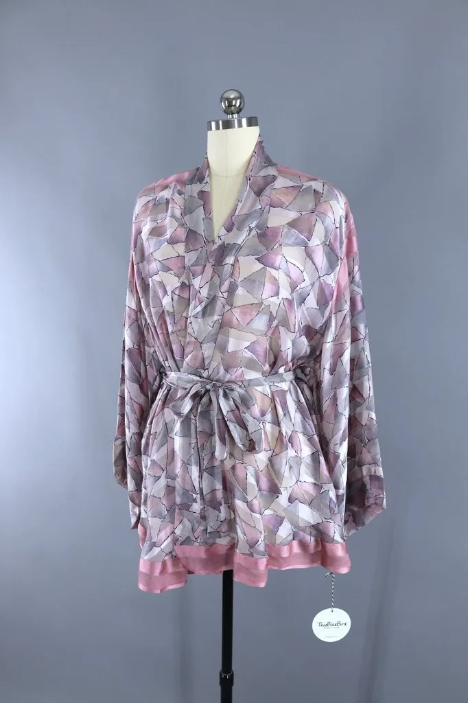 Silk Sari Kimono Cardigan / Pastel Pink & Grey