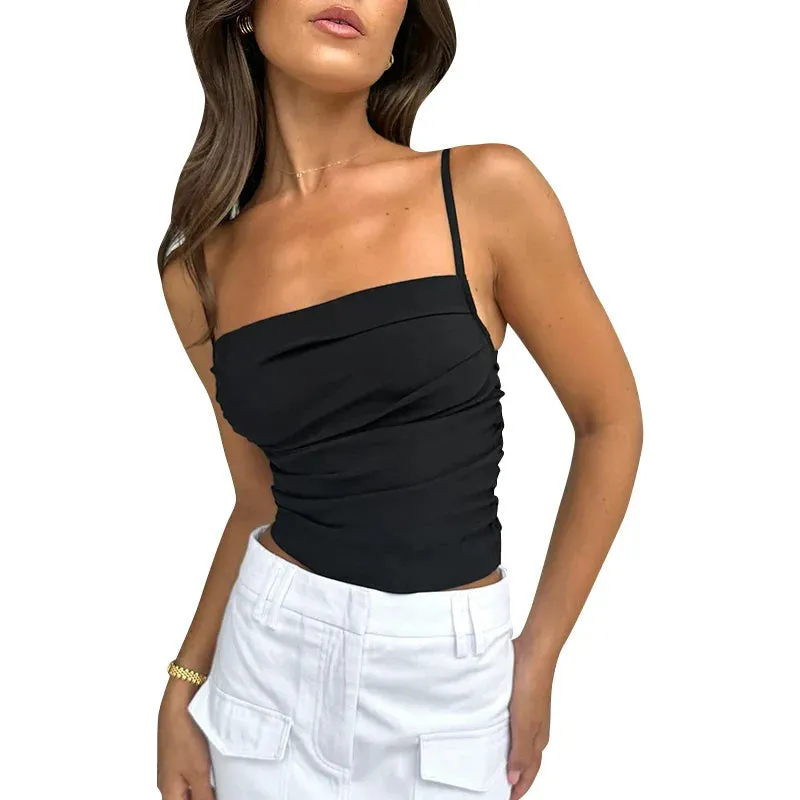 Solid Irregular Ruched Backless Crop Tops Tanks & Camis Tank Top