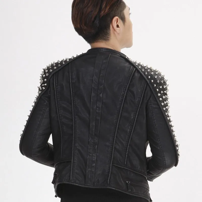 Solid Shoulder Rivet Style Faux Leather Jacket