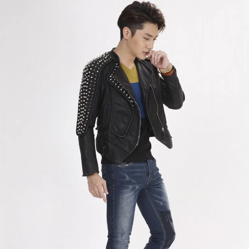 Solid Shoulder Rivet Style Faux Leather Jacket