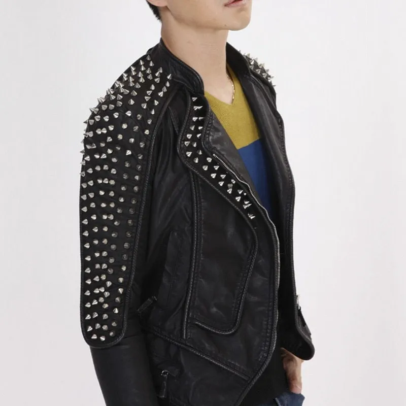 Solid Shoulder Rivet Style Faux Leather Jacket