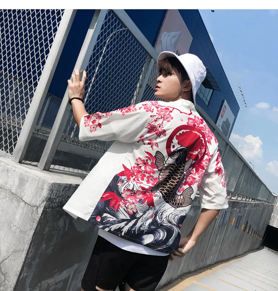 Soragoi Koi Art Print Japanese Koi Fish Men Kimono Cardigan Jacket