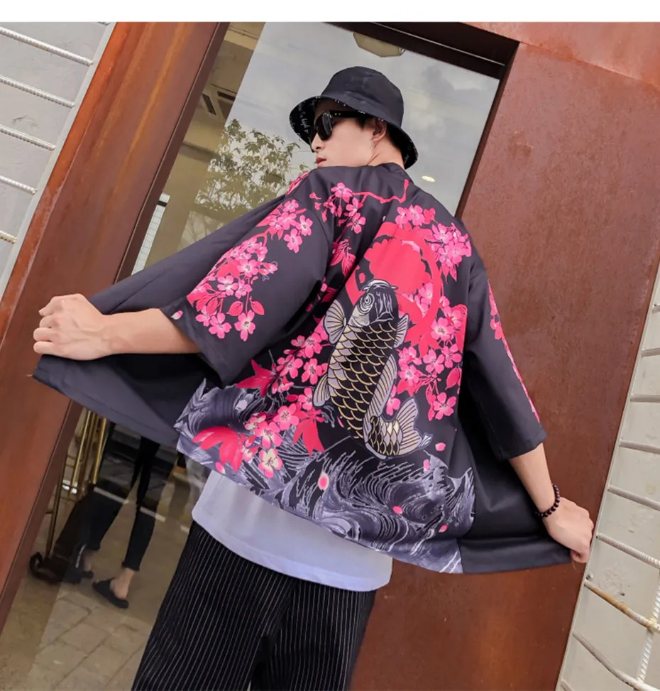 Soragoi Koi Art Print Japanese Koi Fish Men Kimono Cardigan Jacket