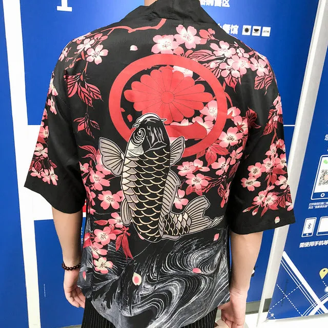 Soragoi Koi Art Print Japanese Koi Fish Men Kimono Cardigan Jacket